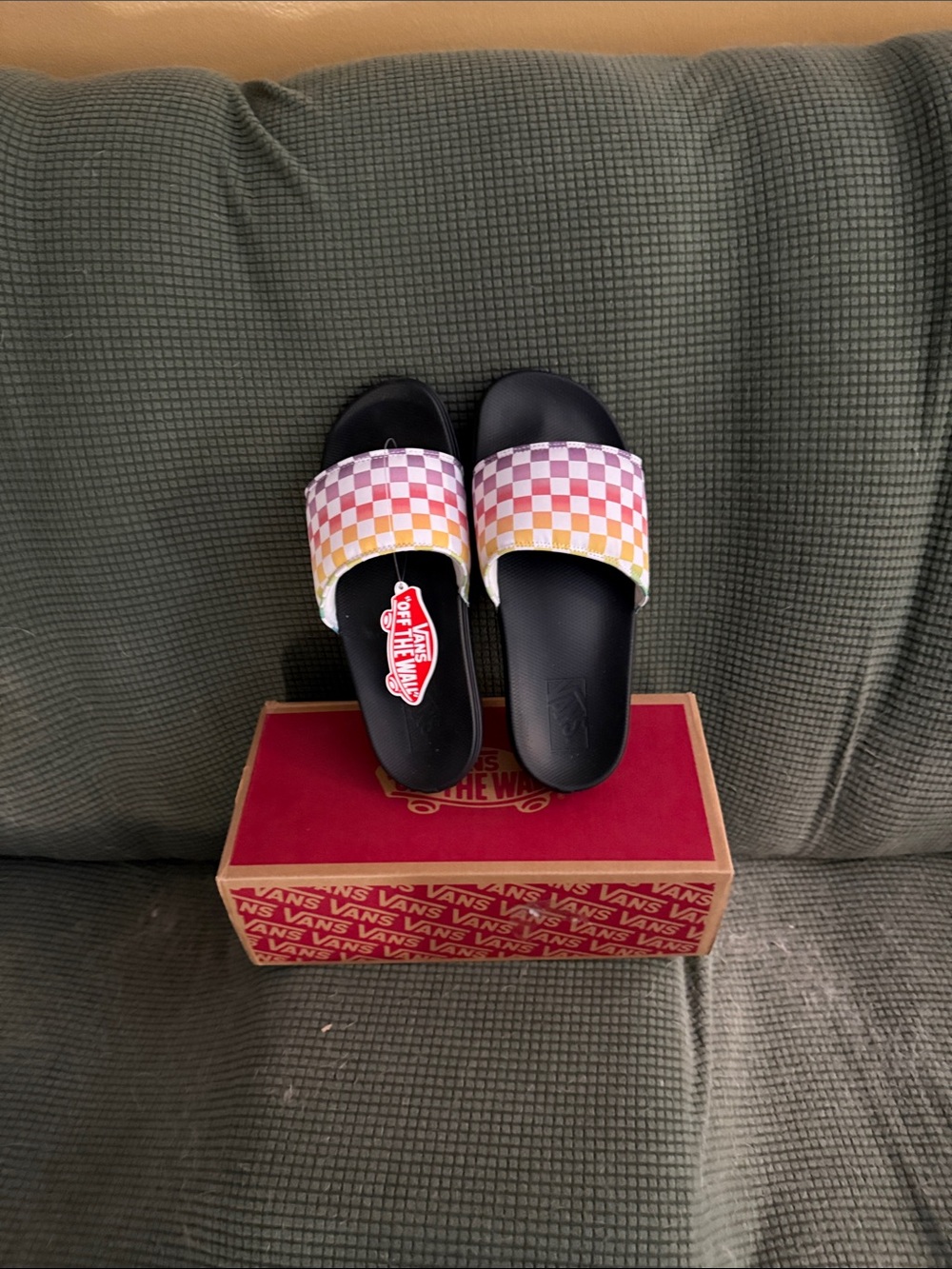 Vans Checkerboard Slide Sandals in Pink, Yellow & White